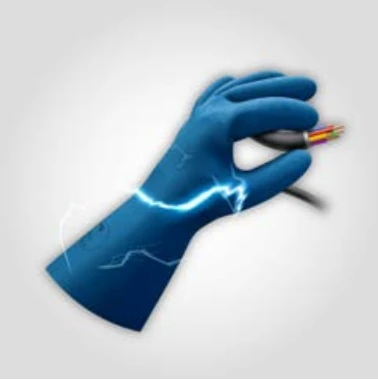 Blue liquid-silicone glove demonstrating electrical insulation