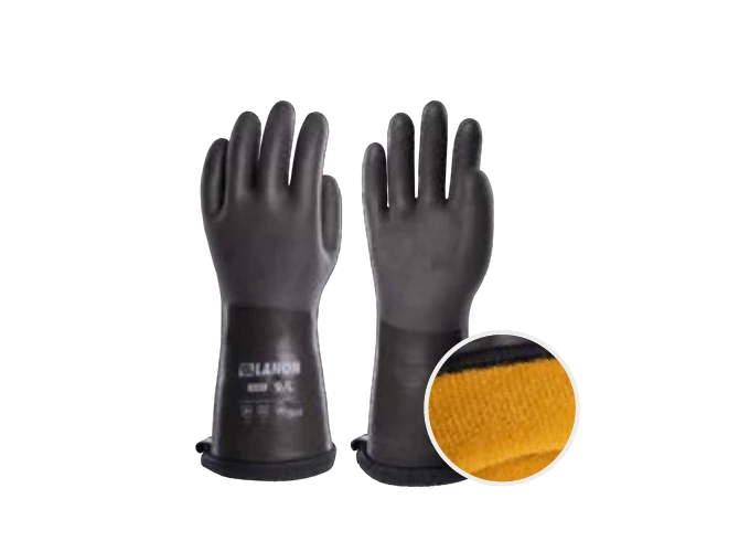 Catalog view of blue PUX4 water-based PU thermal gloves with liner detail