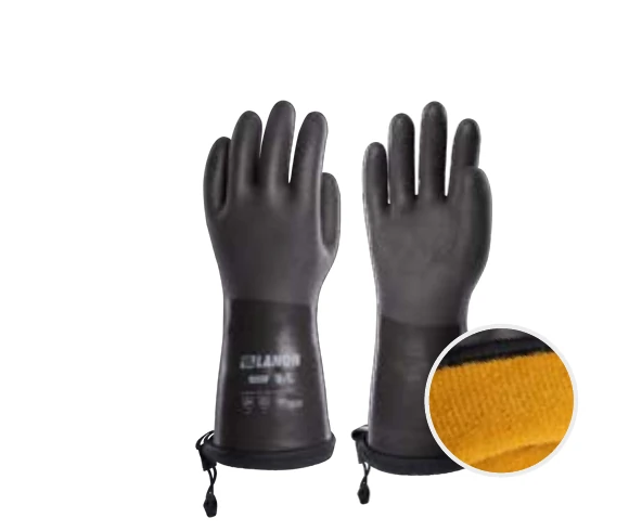 Catalog view of blue PUX6 water-based PU thermal gloves with cord-lock cuff